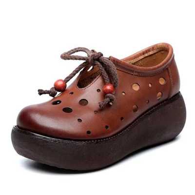 Women platform sandals 2021 new summer women sandals genuine leather retro breathable hole shoes women